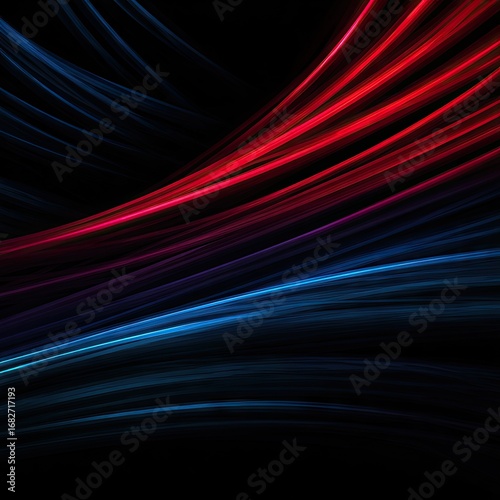 Abstract design with flowing, vibrant red and blue lines on black background