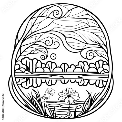 Intricate lakeside vista encircled with floral and foliage elegance black lines capture nature