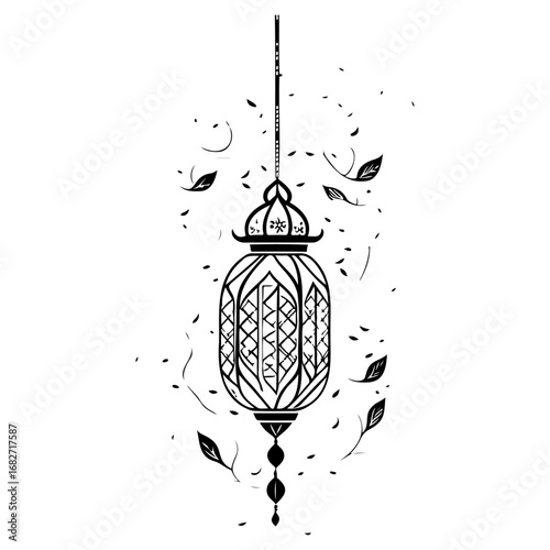 Intricate lantern illustration hanging amidst ethereal floating leaves and festive decorative