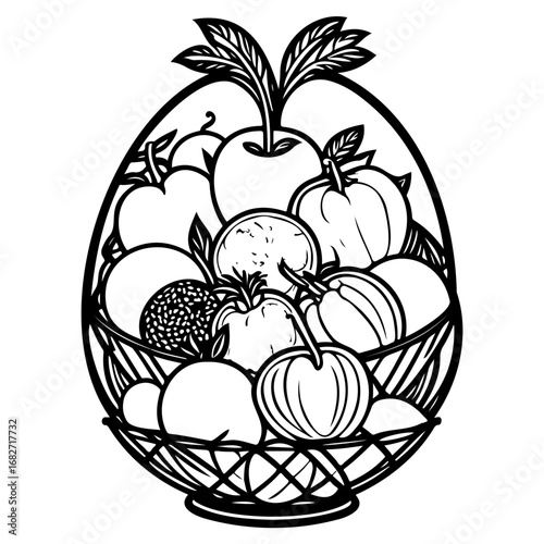 Intricate line art rendering a cornucopia of diverse fruits bountifully displayed inside a woven