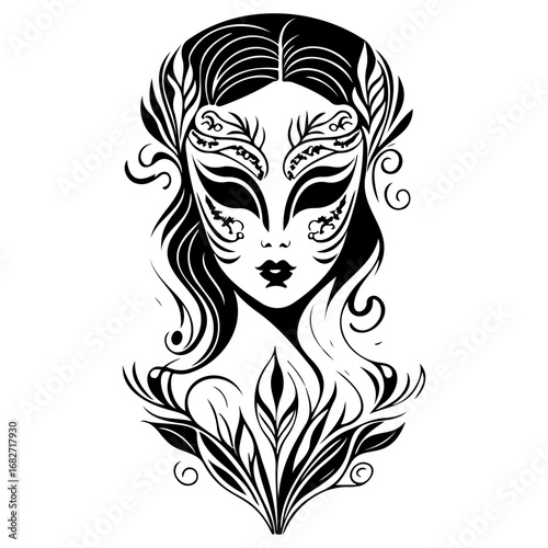 Intricate linework reveals a mysterious figure adorned with floral patterns and enigmatic