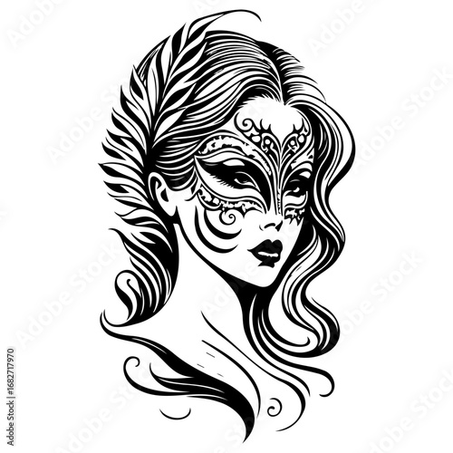 Intricate mask adorns a woman's face evoking mystery and elegance with flowing hair in monochrome