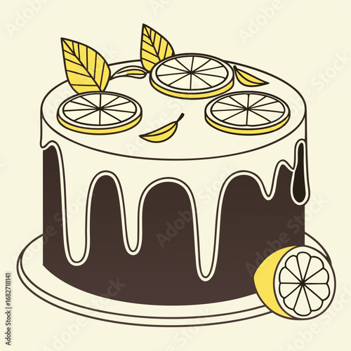 Vector art of delicious chocolate cake with white frosting, decorated with lemon slices and mint leaves