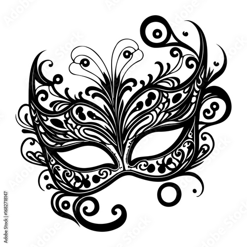 Intricate masquerade mask design with elaborate flourishes and flowing lines creating a
