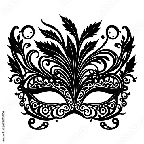 Intricate masquerade mask design with feathers and swirls creating a visually stunning festive