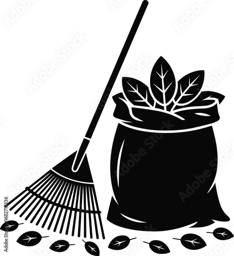 Autumn Leaf Raking Black and White Silhouette Illustration