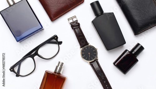 Men's accessories displayed cologne bottles, wallets, wristwatch, and glasses. Flat lay on white background