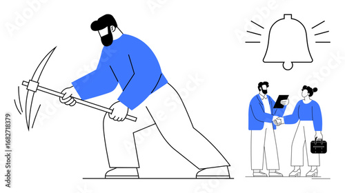 Miner using pickaxe, professionals shaking hands, notification bell as alert concept. Ideal for collaboration, teamwork, mining, labor, productivity negotiation reminder. Simple flat metaphor