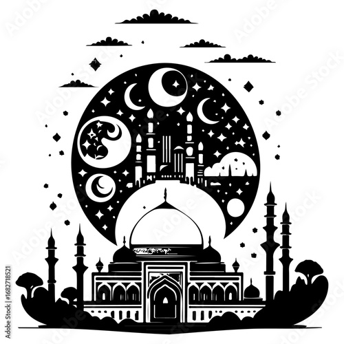 Intricate monochrome depiction showcasing a mosque against a cosmic backdrop evokes spiritual