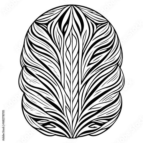 Intricate monochrome line art composition showcasing an abstract organic form evoking natural