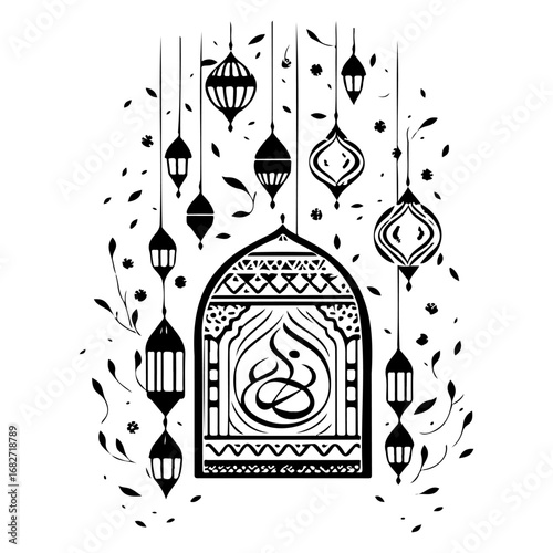 Intricate monochrome ramadan illustration featuring arabic lanterns, festive decor and archway to