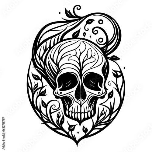 Intricate monochrome skull illustration with delicate floral patterns forming a decorative natural