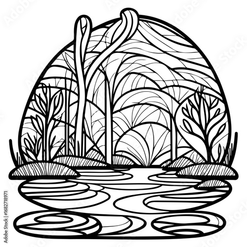Intricate nature illustration a serene black and white line art depicting reflection and
