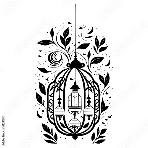 Intricate ornamental illustration featuring a hanging lantern surrounded by foliage perfect for