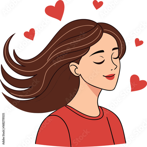 Vector art of young woman with eyes closed, hair blowing, surrounded by hearts, feeling love and happiness