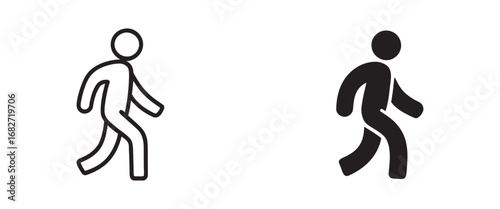 Set of two walking person icons in outline and solid styles. Simple pedestrian symbol or pictogram vector graphic for web and mobile use. 