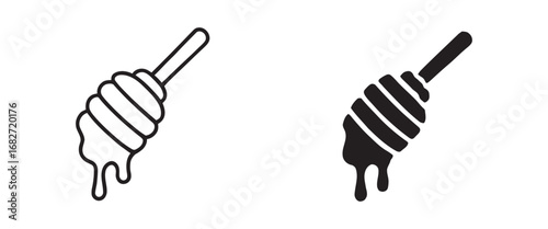 Set of honey dipper icons in outline and solid silhouette styles. Vector graphic illustration of a wooden honey spoon dripping with sweet liquid, isolated for design concepts 