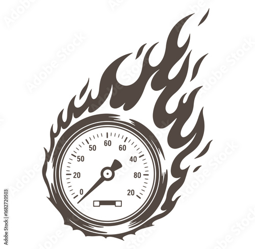 Speedometer surrounded by flames illustrating high speed or dangerous overheating conditions