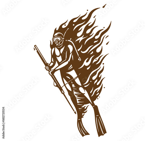 Silhouette illustration of a scuba diver with a speargun and artistic flames background