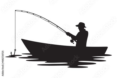 Fishing Silhouette, Fishing Rod, Boat, Hook, Fisherman. Vector black silhouette. with white background
