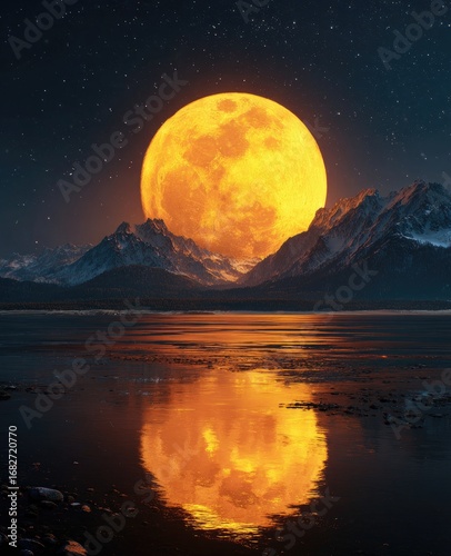 Full orange moon over mountains, reflected