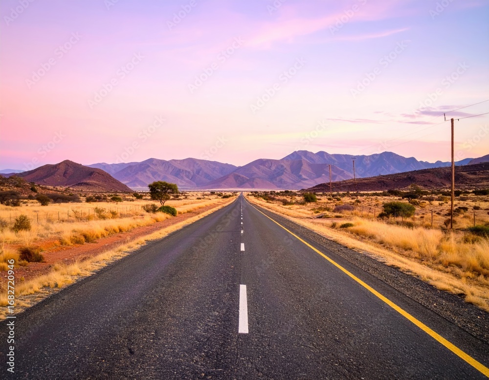 Fototapeta premium A long road stretches toward distant mountains under a pastel sky, bordered by dry grass and telephone poles, suggesting vastness and peaceful solitude