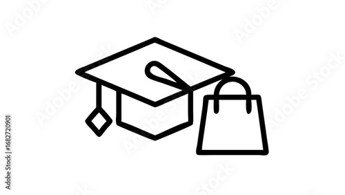 Line icon of a graduation cap next to a shopping bag, symbolizing education costs and student expenses.