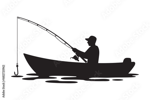 Fishing Silhouette, Fishing Rod, Boat, Hook, Fisherman. Vector black silhouette. with white background