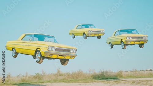 Surreal scene with vintage yellow cars floating in a serene blue sky landscape