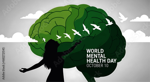 Symbolic Illustration of Mental Health with Brain, Birds, and Silhouette