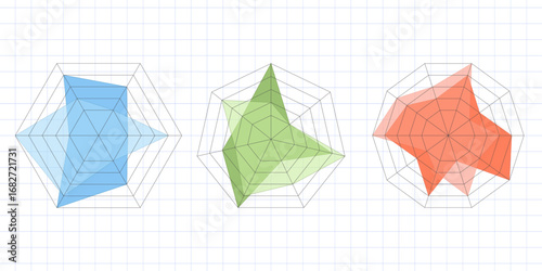 Template for radar or spider charts with clean flat mesh. Vector diagram pack includes pentagon and hexagon shapes. Kiviat chart for stats and analytics. Isolated on white background