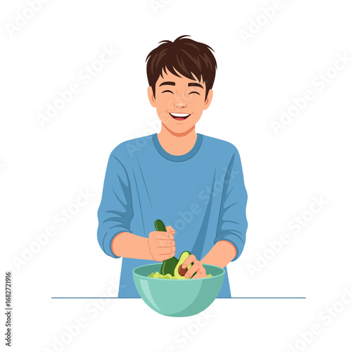 Smiling young man mashing fresh avocado for a healthy meal, embracing a lifestyle of wellness and delicious, simple food