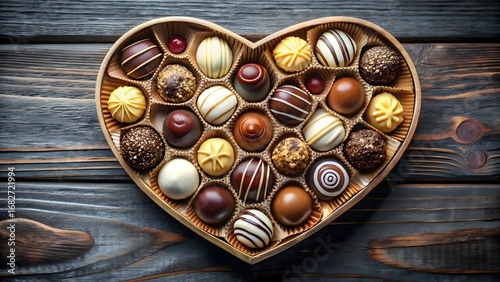 Assortment of delicious gourmet chocolates arranged in heart shaped box on wooden surface