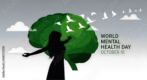 Silhouette Woman Embracing Green Brain, Birds Taking Flight, Mental Health