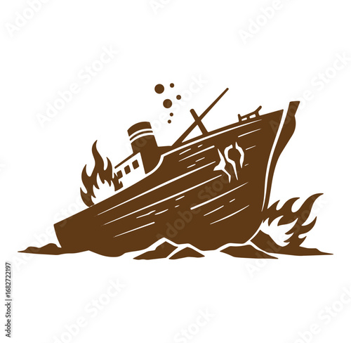 Vector illustration depicting a sinking ship on fire with flames and water elements