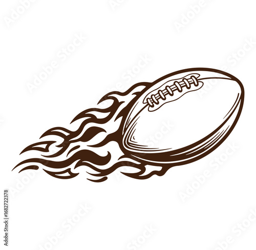 Vector illustration of a brown football speeding through the air with decorative flames