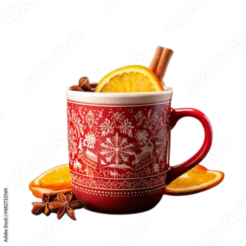 Christmas Market Glühwein in Festive Mug with Cinnamon and Orange, Isolated.