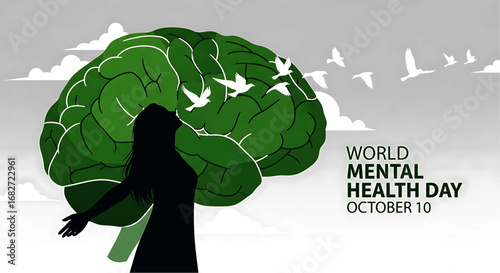 Green Brain with White Birds and Silhouette for Mental Health Day