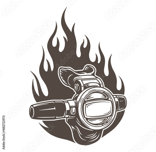 Vintage scuba diving regulator design within burning flames element for a bold emblem