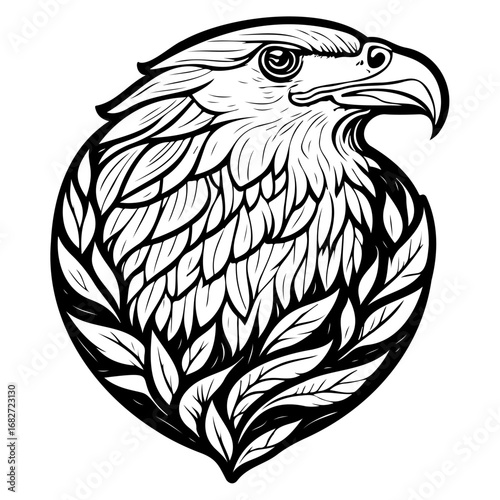 Majestic bird of prey illustration displaying intricate details of feathering foliage encircling