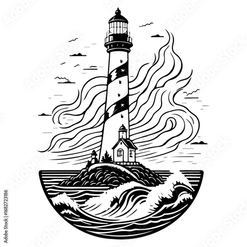 Majestic black and white lighthouse stands on a small rocky island guiding ships through turbulent