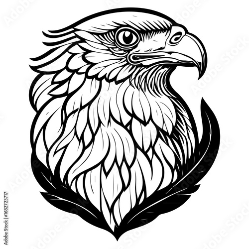 Majestic eagle head illustration with detailed plumage and feathers graphic design for creative