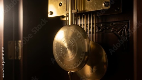 Close Up of Golden Pendulum Swinging Smoothly in Antique Wooden Clock with Ornate Details and Dim Interior Lighting Style in Dark Room