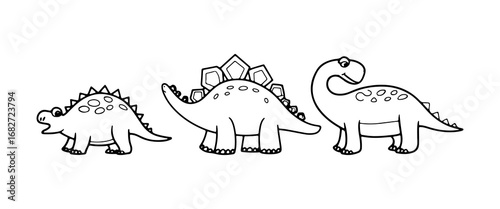 Drawings of various dinosaurs in simple cartoon style showcasing their unique features