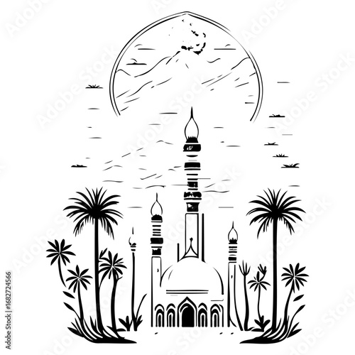 Majestic islamic architecture illustration blending with natural landscape under a sky filled