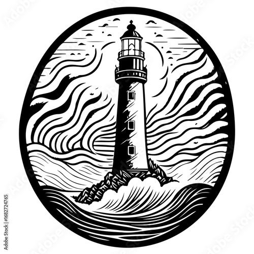 Majestic lighthouse stands tall amidst stylized ocean waves guiding seafaring vessels through