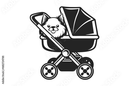 Baby Pram with a Cute Dog in a Stroller on a White Background
