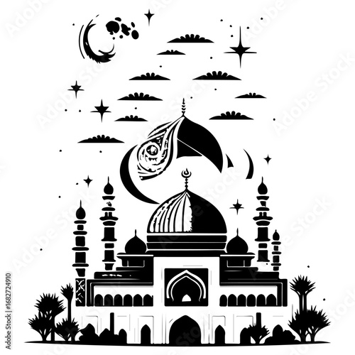 Majestic monochrome mosque silhouette with celestial elements evoking islamic tradition and