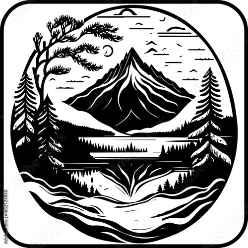 Majestic monochrome mountain range reflection art piece for natural landscapes evoking serenity