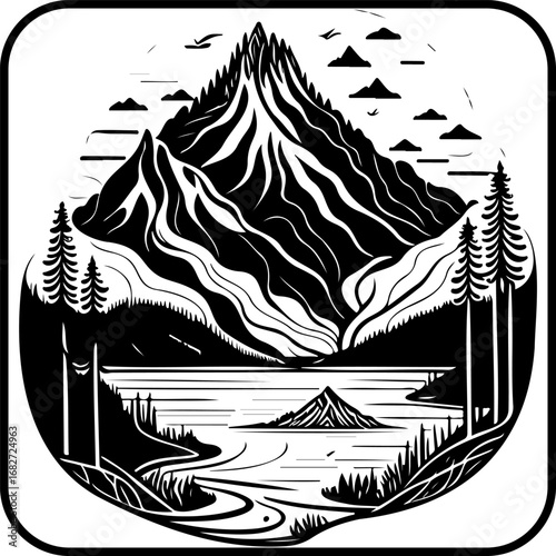 Majestic monochrome mountainscape with serene lake and towering peaks providing a beautiful